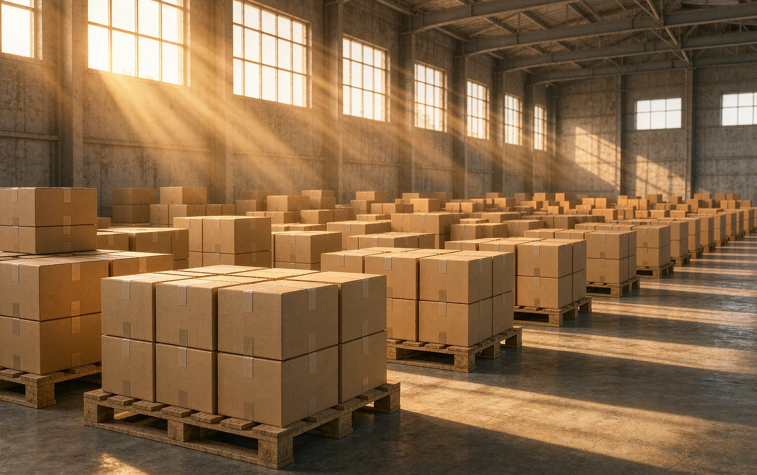 Black and white photograph of a modern logistics warehouse with neatly stacked shipping boxes